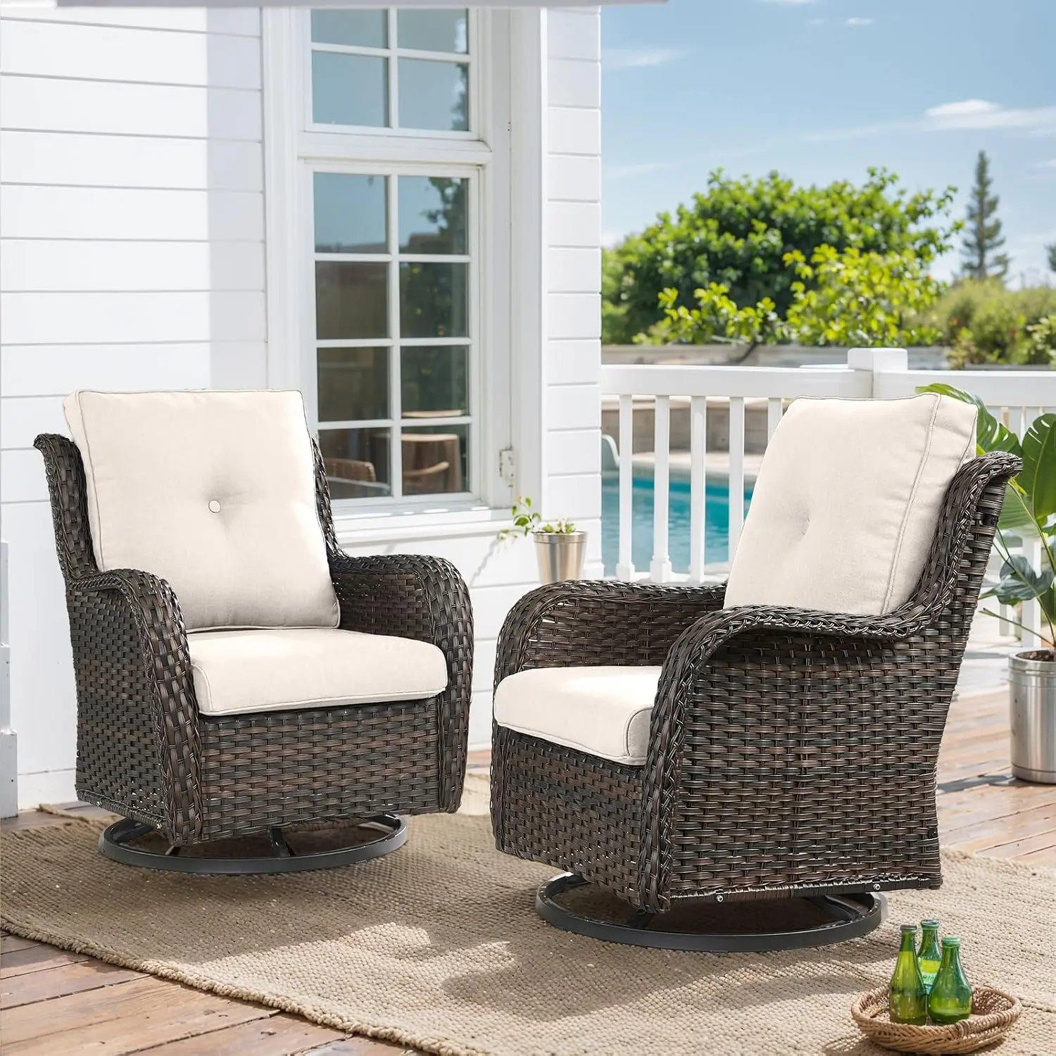 Outdoor Swivel Rocker Wicker Patio Chairs Set of 2, Rattan Rocking Chair Furniture Set (Brown/Beige), Customized
